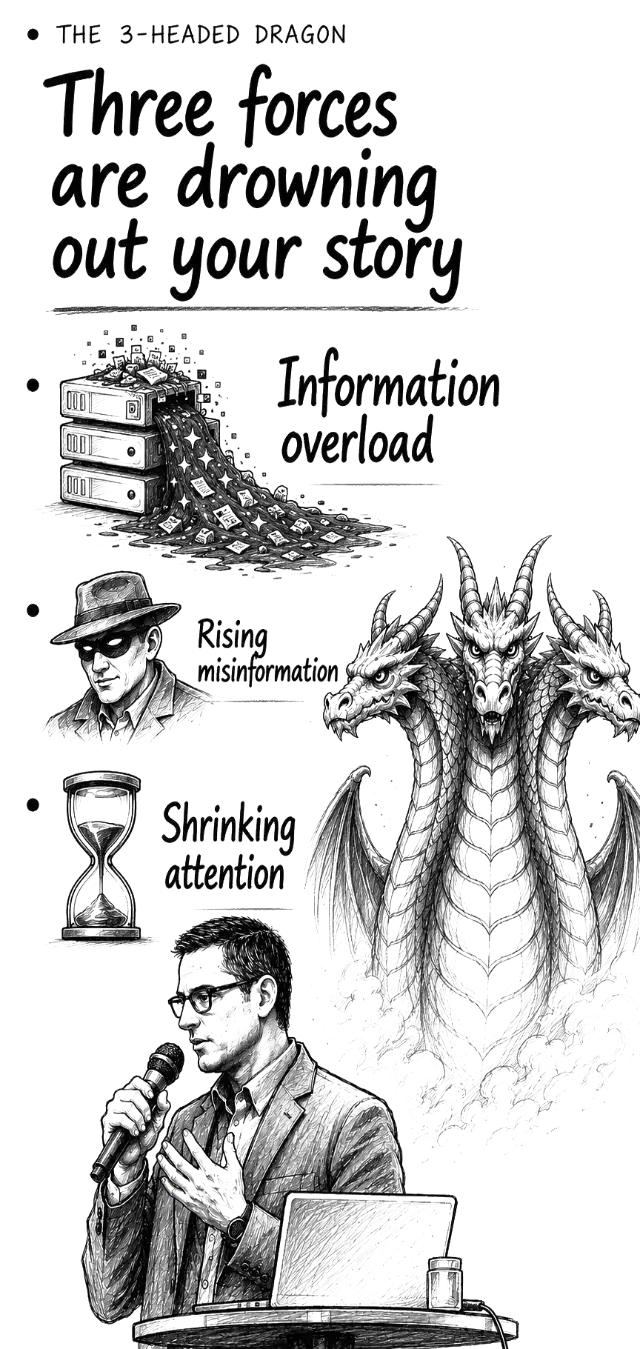 The 3-Headed Dragon: three forces drowning out your story — information overload, rising misinformation, shrinking attention