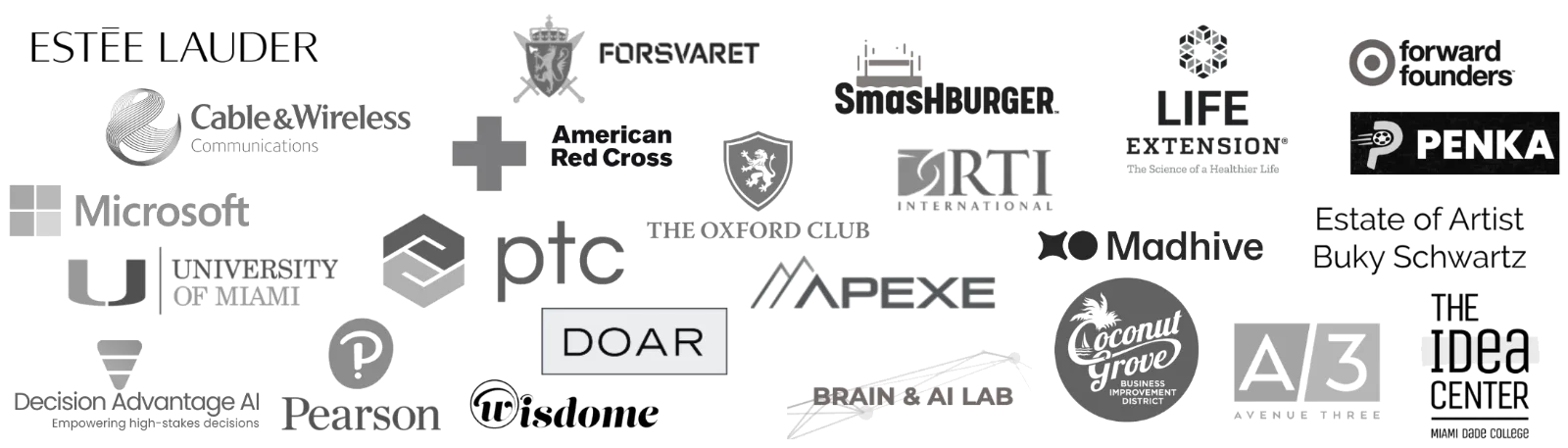 Client and collaborator logos: Estée Lauder, Microsoft, Cable & Wireless, Pearson, University of Miami, and others